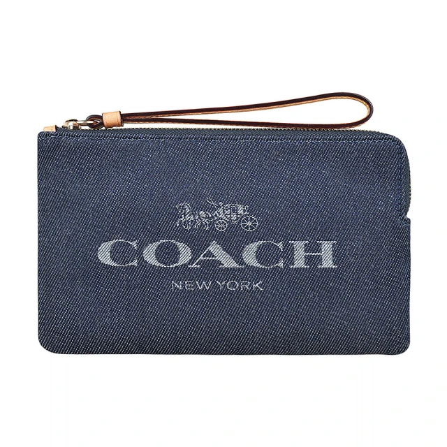 COACH COACH經典字母LOGO刺繡丹寧布拉鍊手拿包(大/丹寧藍)