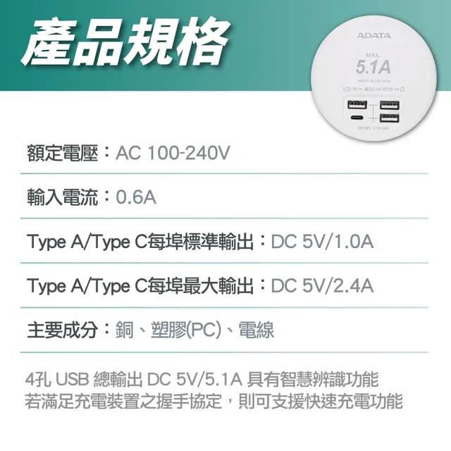 【ADATA 威剛】4孔USB 智慧分流快充延長線UB-23U(充電座/USB延長線/轉接頭/充電傳輸線/TYPE-C)