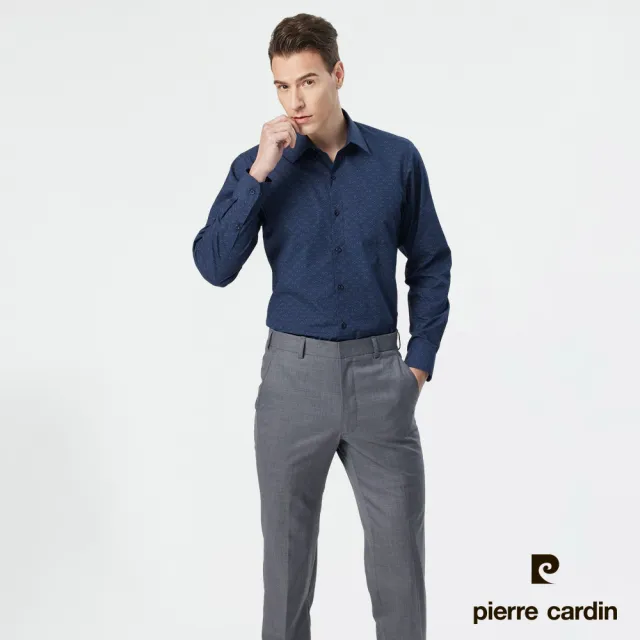 【pierre cardin 皮爾卡登】男襯衫 合身版純棉親膚帥氣顯瘦印花長袖襯衫_黑藍色(23971-39)