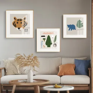 【House Deco 吾所飾室】北歐兒童房床頭卡通動物相框掛畫60*60cm(卡通動物綠色兔子掛畫卡紙相框畫-)