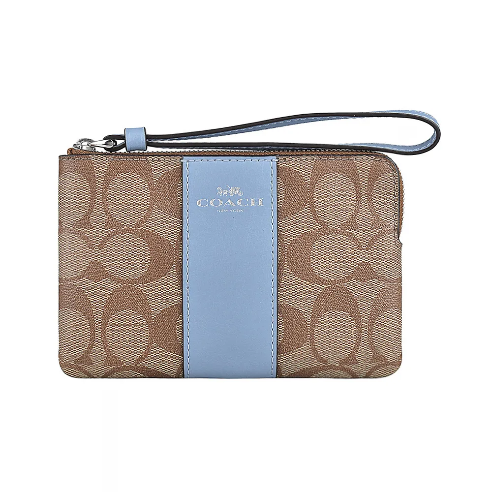 【COACH】COACH 燙金/銀馬車LOGO緹花PVC拼接牛皮拉鍊手拿包(卡其x水藍)