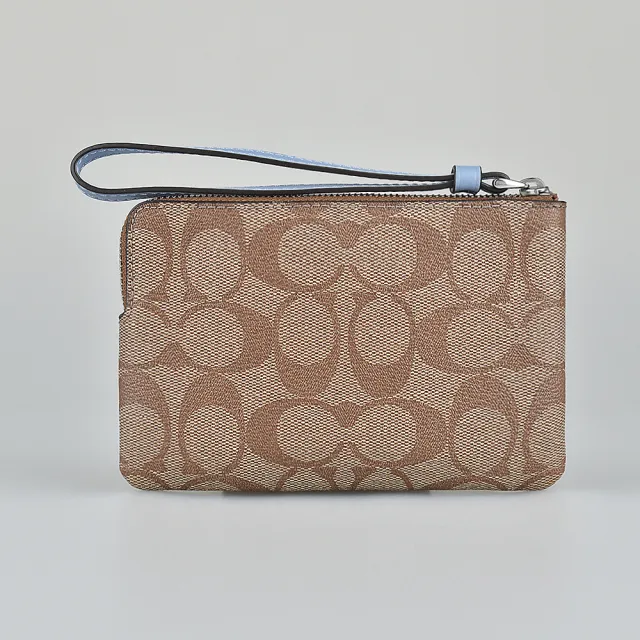 【COACH】COACH 燙金/銀馬車LOGO緹花PVC拼接牛皮拉鍊手拿包(卡其x水藍)