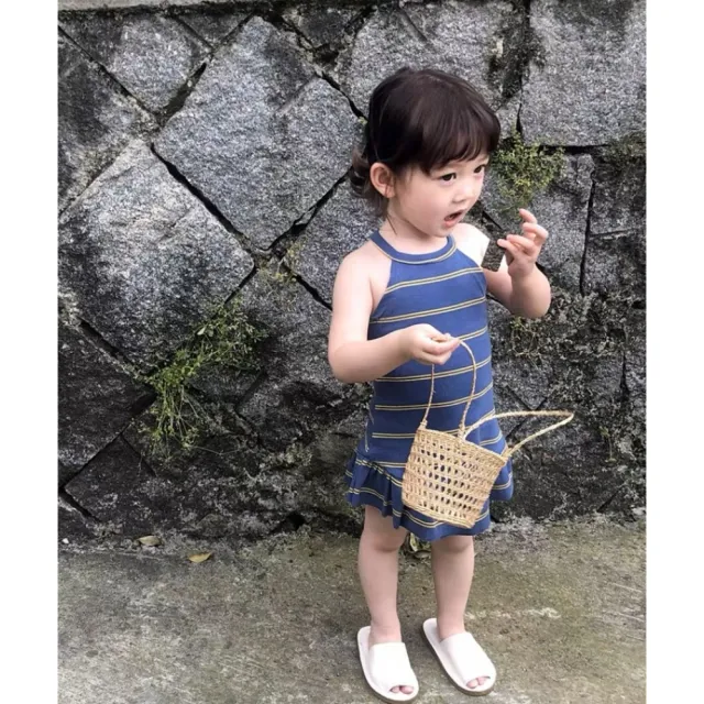 【安朵童舖】現貨韓版女童吊帶背心裙露背裙兒童露肩條紋連身裙(17)