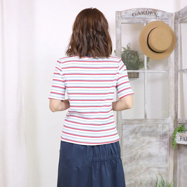 【Hana Mokuba】花木馬日系女裝清新撞色條紋針織T恤(T恤)