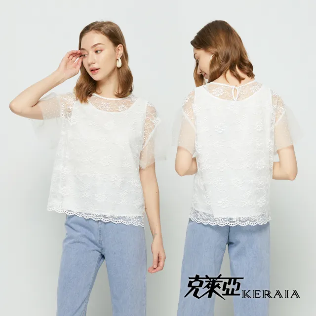 【KERAIA 克萊亞】微醺花神蕾絲拼接變化袖上衣(兩色；M-XXL)