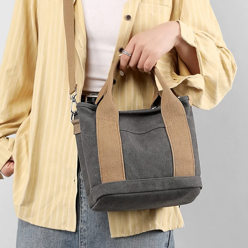 【Acorn 橡果】日系原宿風斜背包手提包側肩包帆布包購物包6522(灰色)