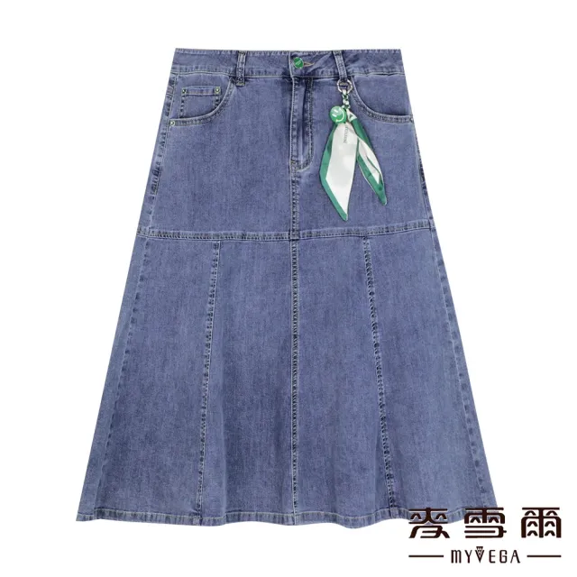 【MYVEGA 麥雪爾】涼感棉質魚尾造型A字牛仔長裙-藍