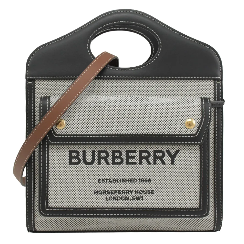 【BURBERRY 巴寶莉】Mini Pocket 專櫃秀款品牌印花帆布手提兩用包(黑灰)