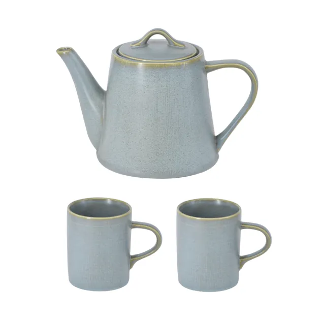 【YU Living 信歐傢居】歐式陶瓷手作壓紋窯變釉茶壺馬克杯組 壺960ml 杯380ml(一壺二杯/2色可選/壺x1.杯x2)