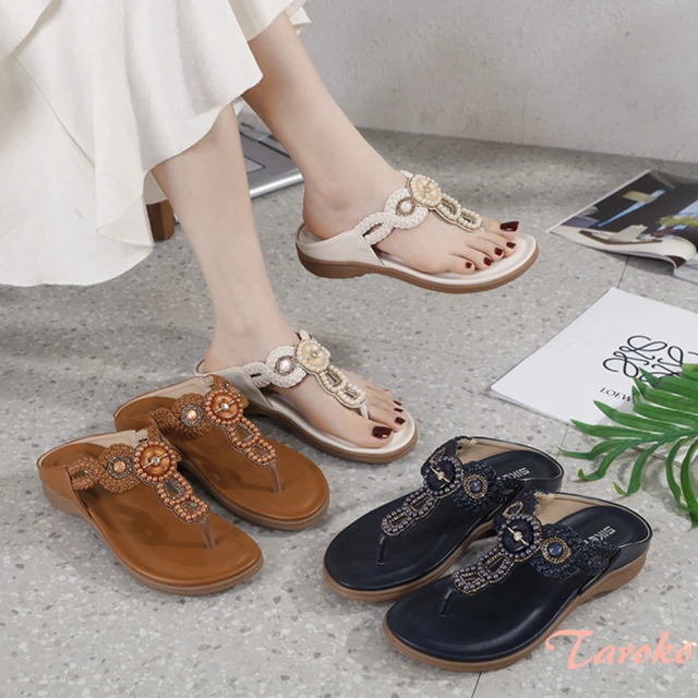 【Taroko】麻花串珠民族波西米亞風涼拖鞋(3色可選)