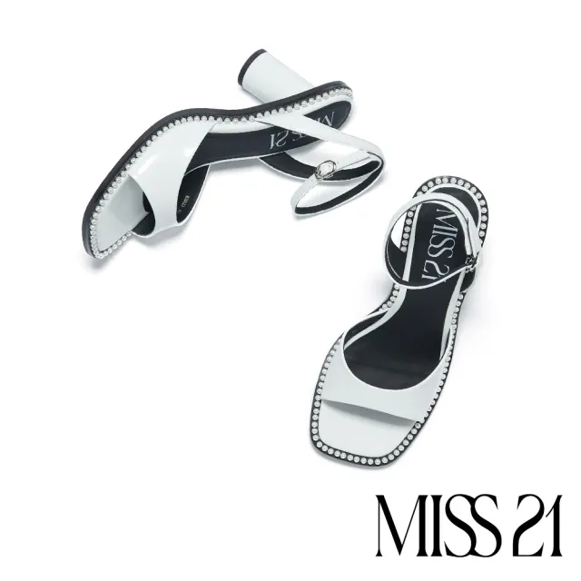 【MISS 21】跩甜小氣質珍珠光感全真皮大方頭高跟涼鞋(白)