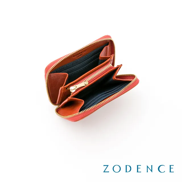 【ZODENCE 佐登司】HAN義大利植鞣革拉鏈卡片零錢包(橘紅)