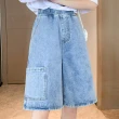 【MsMore】鬆緊腰顯瘦牛仔短褲設計款闊腿褲大碼少女五分牛仔褲#115748(藍色)