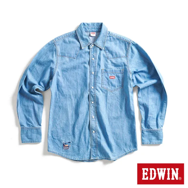 【EDWIN】男裝 露營系列 刺繡LOGO長袖牛仔襯衫(石洗藍)