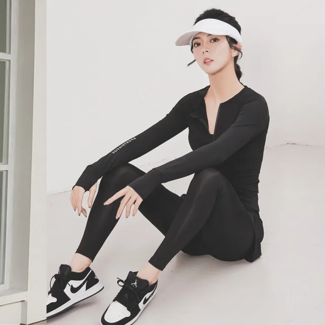 【BODYAIR】拉鍊領小腰背紗長袖上衣+假兩件一片裙九分褲組(瑜珈.運動.慢跑.透氣.舞蹈.運動服.運動褲)