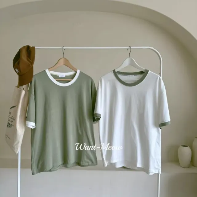 【Want-Meow】100公斤可穿/台灣製/寬鬆圓領撞色領抹茶色素T(素T短袖上衣/短T/T恤/大碼/大尺碼/加大碼)