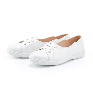 【MAGY】質感牛皮綁帶平底休閒鞋(白色)