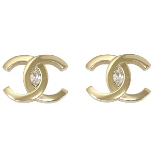 【CHANEL 香奈兒】經典雙C LOGO水鑽鑲嵌貼耳針式時尚耳環(淡金)