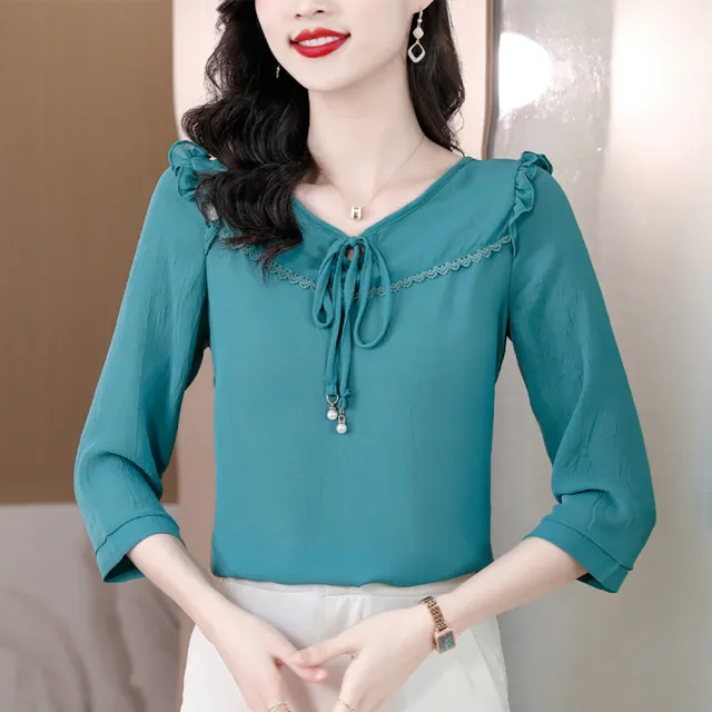 【麗質達人】3717綁帶七分袖上衣-四色AA(M-4XL)