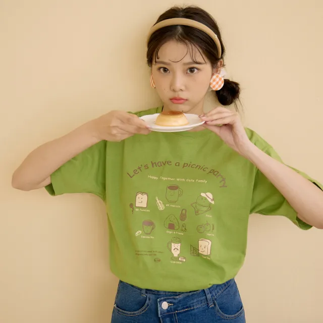 【OB 嚴選】咖啡廳家族純棉夏日野餐印花寬版短TEE 《IG0013》