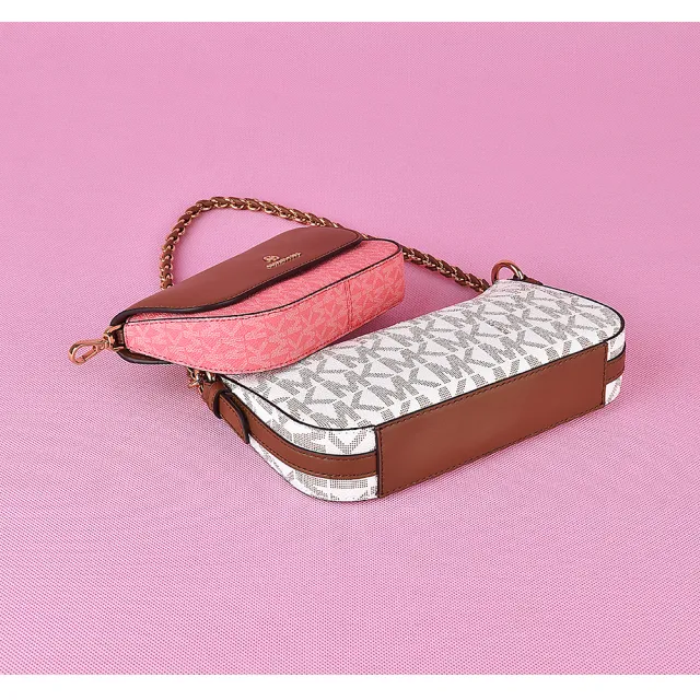 【Michael Kors】MK MICHAEL KORS JET SET金字LOGO拼色PVC滾邊牛皮4合1斜背子母包(茶玫瑰粉x多色)