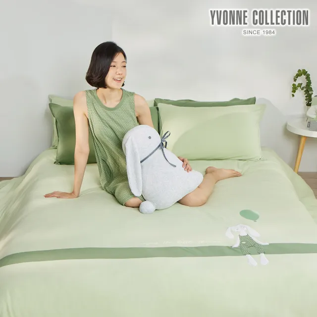 【YVONNE 以旺傢飾】100%美國純棉被套+枕套組-氣球垂耳兔 淺蘆薈綠(單人)