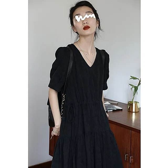 【巴黎精品】現貨+預購 洋裝短袖連身裙(法式V領抽繩女裙子3色a1bs33)