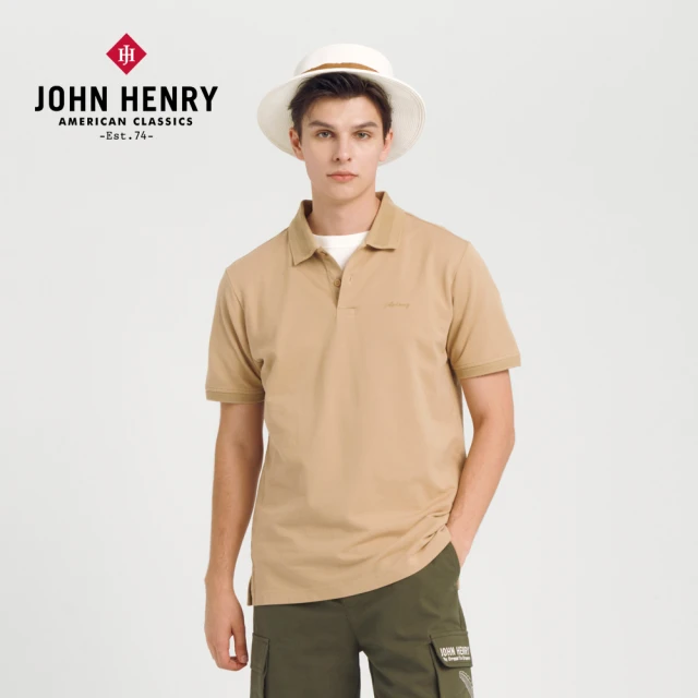 【JOHN HENRY】編織紋領草寫刺繡POLO衫-卡其