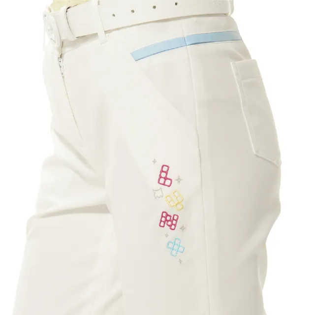 【Lynx Golf】女款彈性舒適布料口袋透氣織帶設計魔術方塊系列繡花窄管長褲(白色)