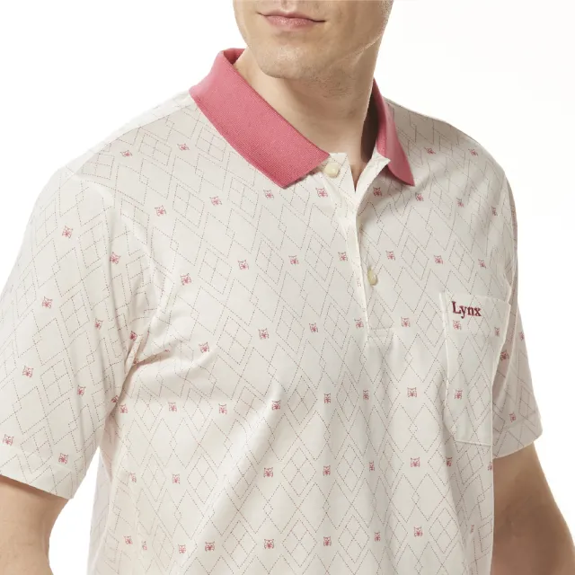【Lynx Golf】男款雙絲光純棉羅紋領菱形排列滿版小山貓印花胸袋款短袖POLO衫/高爾夫球衫(二色)
