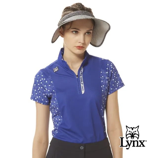 【Lynx Golf】女款吸排抗UV合身版反光印花山貓矽膠車標短袖立領POLO衫/高爾夫球衫(二色)