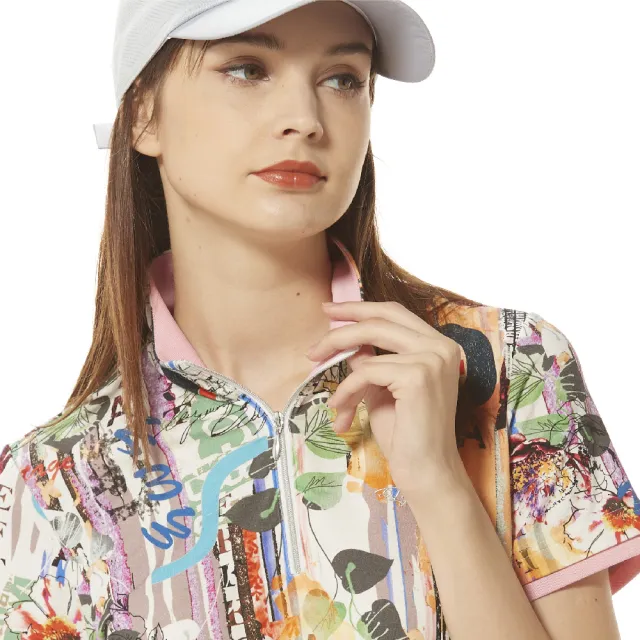 【Lynx Golf】女款歐洲進口布料柔軟舒適假兩件袖口設計滿版花布短袖立領POLO衫(灰褐色)