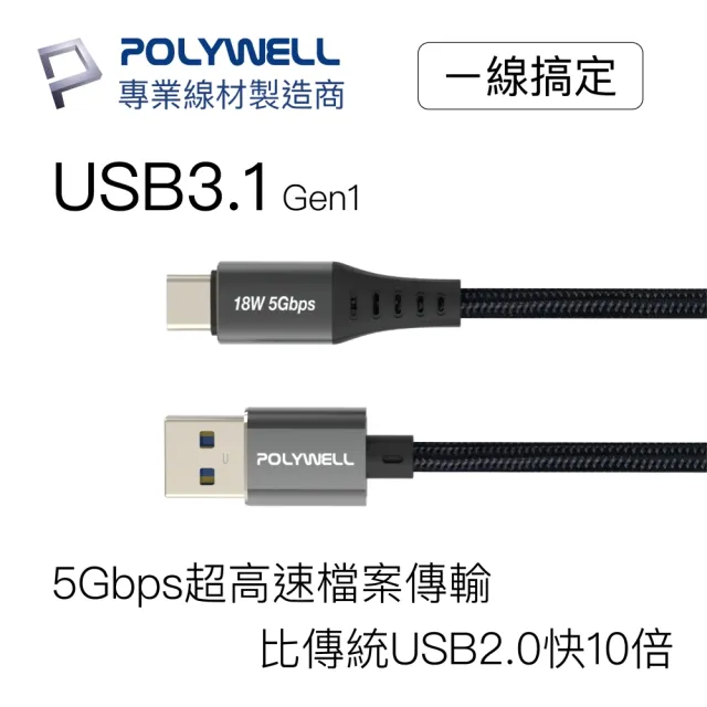 【POLYWELL】USB 3.1傳輸線 Type-C To Ａ /2M