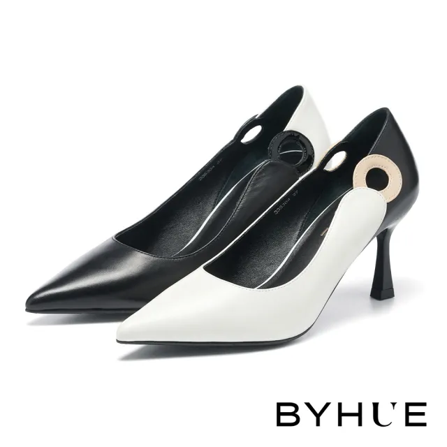【BYHUE】極簡品味撞色拼接羊皮軟芯尖頭高跟鞋(米白)