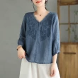 【ACheter】棉麻七分袖V領刺繡薄款棉麻氣質寬鬆短版上衣#117489(4色)