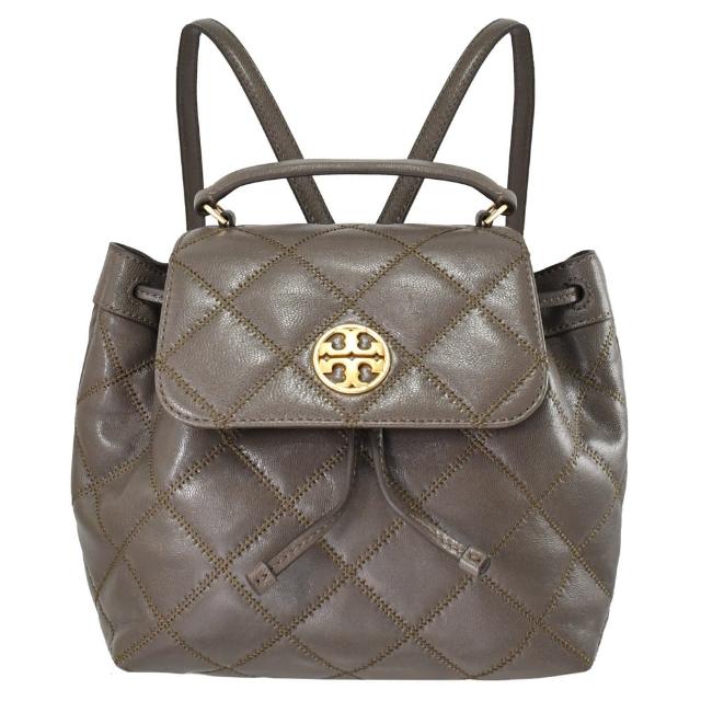 【TORY BURCH】圓標經典雙T菱格紋手提翻蓋束口淑女包後背包(灰)