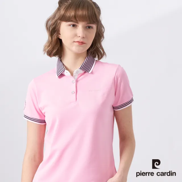 【pierre cardin 皮爾卡登】網路獨家 女款 Hi Cool吸濕排汗彈性網眼素面短袖POLO衫-粉紅色(8227292-73)