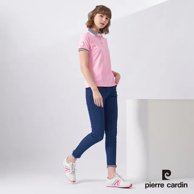 【pierre cardin 皮爾卡登】網路獨家 女款 Hi Cool吸濕排汗彈性網眼素面短袖POLO衫-粉紅色(8227292-73)