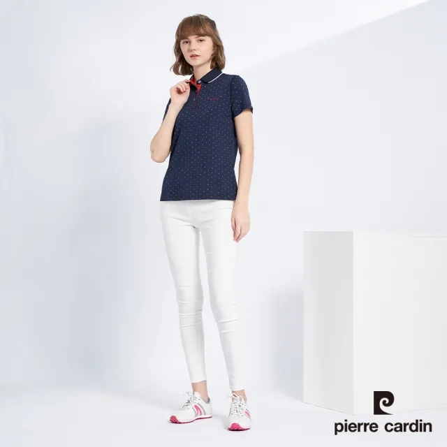 【pierre cardin 皮爾卡登】網路獨家 女款 Hi Cool吸濕排汗彈性網眼印花短袖POLO衫-丈青色(8227293-39)