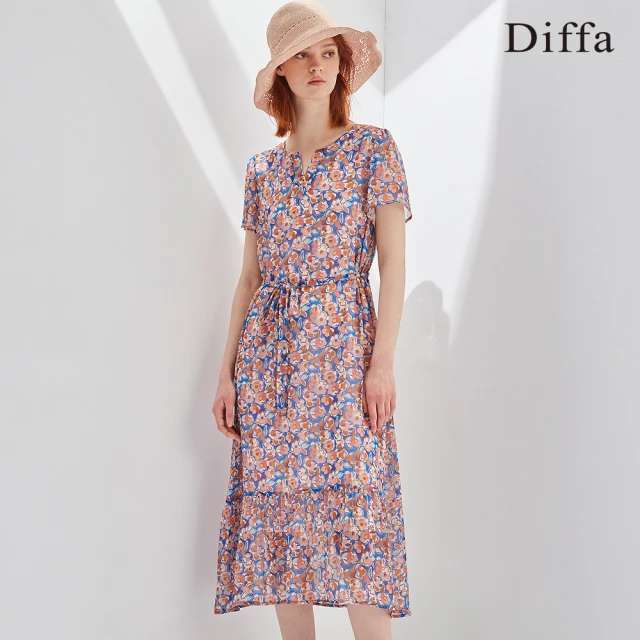 【Diffa】典雅碎花短袖連身洋裝-女