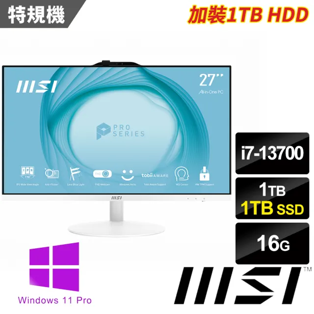 【MSI 微星】27型i7液晶特仕電腦(PRO AP272 13M-400TW-SP1/i7-13700/16G/1TB SSD+1TB HDD/W11P)