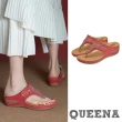 【QUEENA】坡跟拖鞋 厚底拖鞋/波西米亞民族風閃耀葉片燙鑽時尚坡跟厚底夾腳拖鞋(紅)