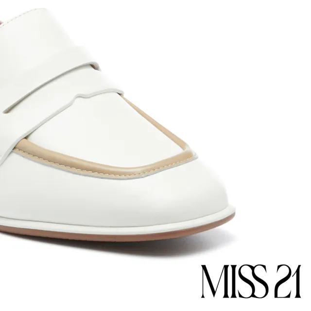 【MISS 21】極簡質感純色全真皮方頭樂福粗高跟鞋(白)