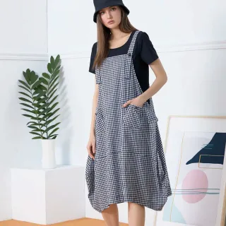 【JIN HWA 今譁】假兩件式格紋棉質洋裝Q6063(假兩件式 格紋 棉質 洋裝)