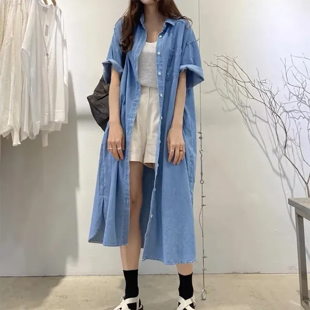 【SeasonsBikini】正韓製牛仔連身長洋裝罩衫 -KK72(正韓連身長洋罩衫)
