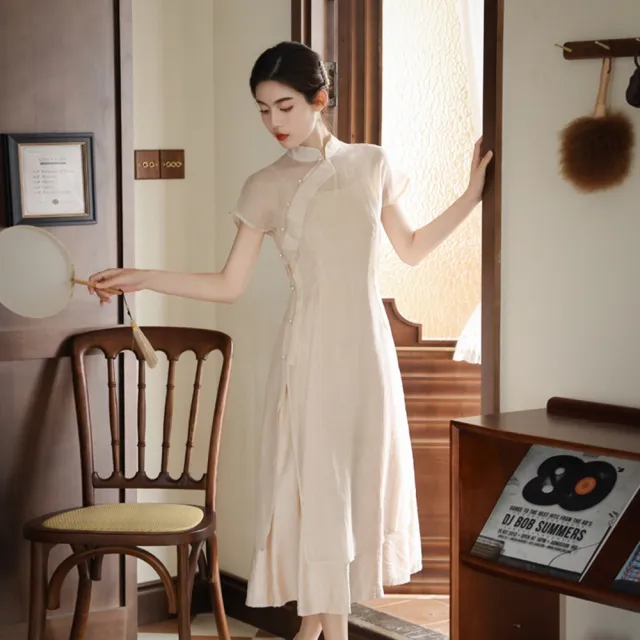 【米蘭精品】洋裝連身長裙(米色中式復古兩件套旗袍連衣女裙子74ef8)