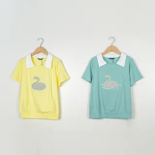 【MASTINA】襯衫領假兩件天鵝貼布繡短袖上衣(綠 黃/魅力商品)