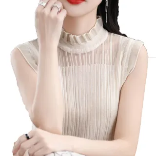 【ACheter】吊帶背心內搭木耳邊蕾絲無袖上衣鏤空外穿短版修身針織#116245(3色)