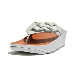 【FitFlop】OPALLE RUBBER-CHAIN LEATHER TOE-POST SANDALS鍊條造型夾腳涼鞋-女(海沫藍色)