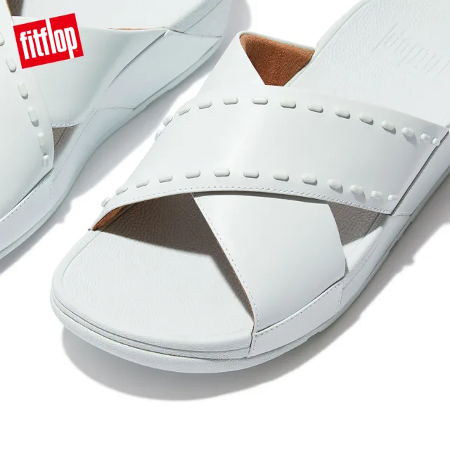 【FitFlop】LULU RUBBER-STUD LEATHER CROSS SLIDES 縫線造型交叉帶涼鞋(海沫藍色)